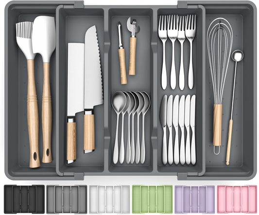 Silverware Organizer, Expandable Utensil Drawer Organizer for Kitchen Drawers, Kitchen Drawer Organizer for Spoons/Forks/Knives, Multipurpose & BPA Free Cutlery Tray, Grey, 1 Pack