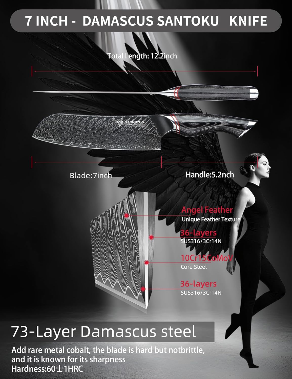 Japanese 7" Santoku Knife - Kitchen Chef Knife - Black Damascus Steel with Ergonomic Handle - MIAO Series