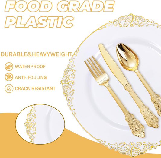 125PCS White and Gold Plastic Plates - Gold Disposable Plates with Plastic Silverware - Vintage Disposable Dinnerware Set for 25 Guests for Christmas Parties, Thanksgiving