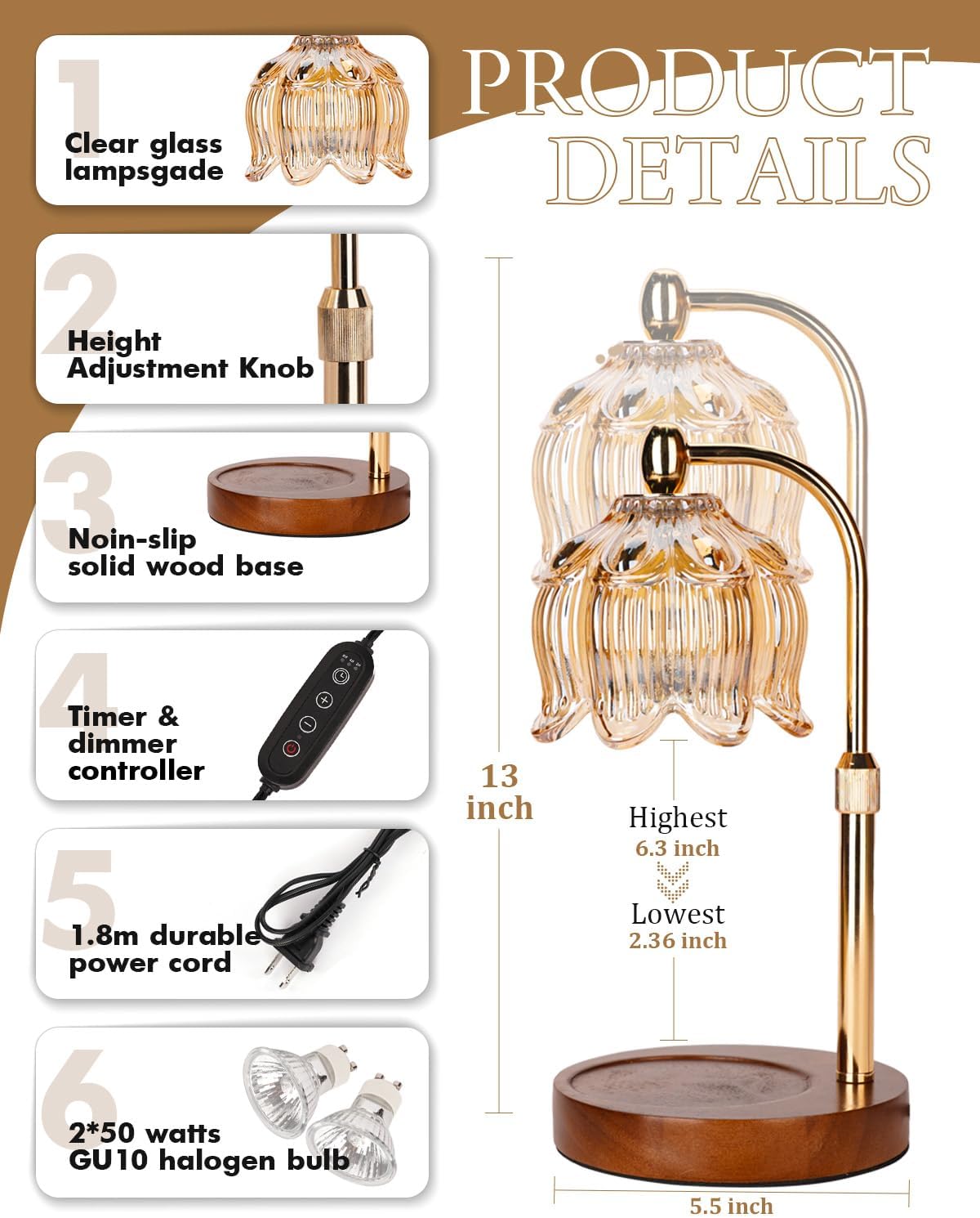 Candle Warmer Lamp with Timer Dimmable, Height Adjustable, Birthday Gifts for Women Mom, Suitable for New Home Decoration, Christmas Gift Lotus Flower Candle lamp,With 2 bulbs,Suitable for Jar Candles