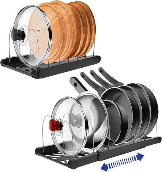 2Pack Pot and Pan Organizers Rack Multipurpose Anti Slip Pot Lid Holder Space Saving Cookware Baking Frying Rack Adjustable Cookware Baking Storage Holder for Kitchens (Black-2Pcs)