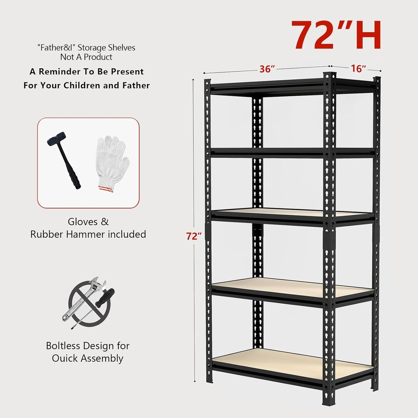36"W "Father&I" 5-Shelf Industrial Metal Steel Garage/Tote Storage Shelves Heavy-Duty Adjustable Rack: Tall Shelving Units Organizer for Closet/Basement/Pantry/Shop/School 72"H*36W*16"D, Black