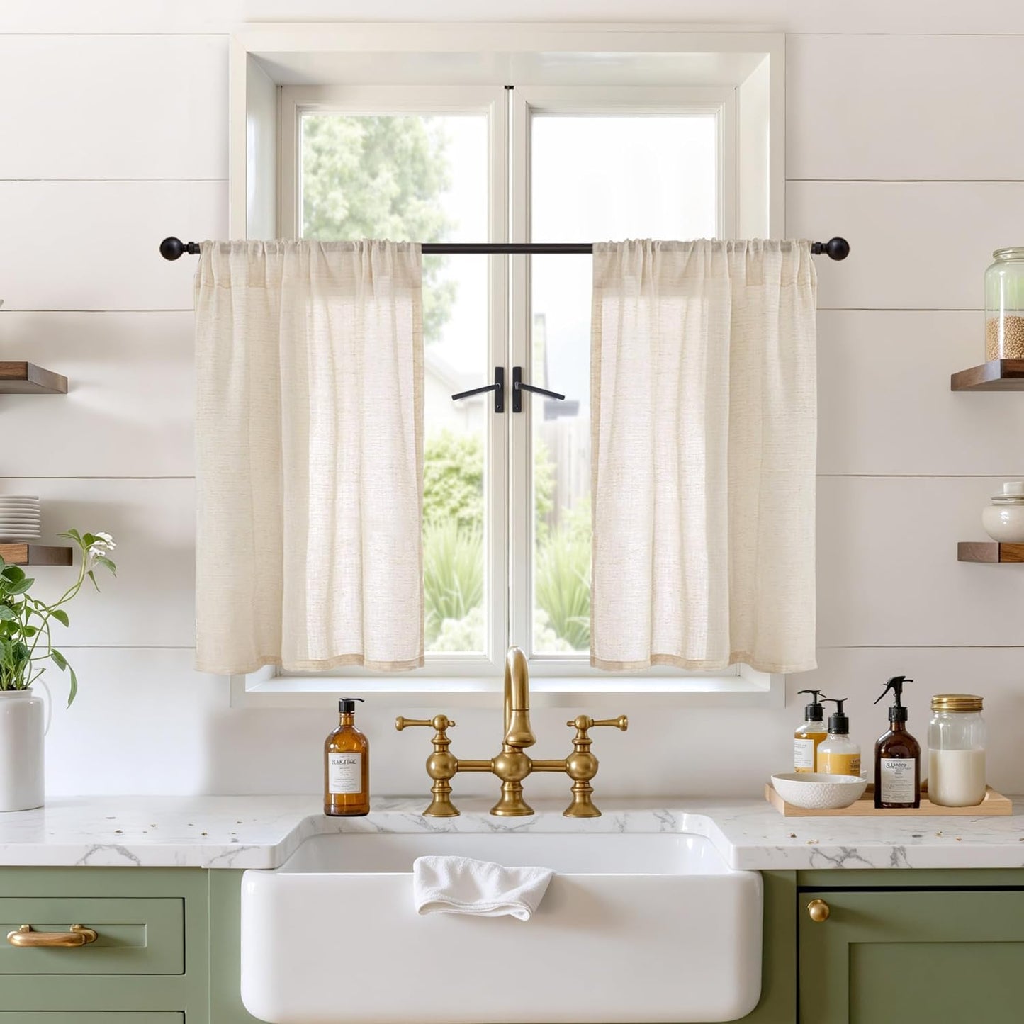 BGment Short Natural Sheer Linen Curtains 30 Inch Length for Windows, Small Drapes Lightweight Rustic Textured for Cafe Bathroom Over Sink Decor Rod Pocket, 2 Panels Set, 24 Inch Wide