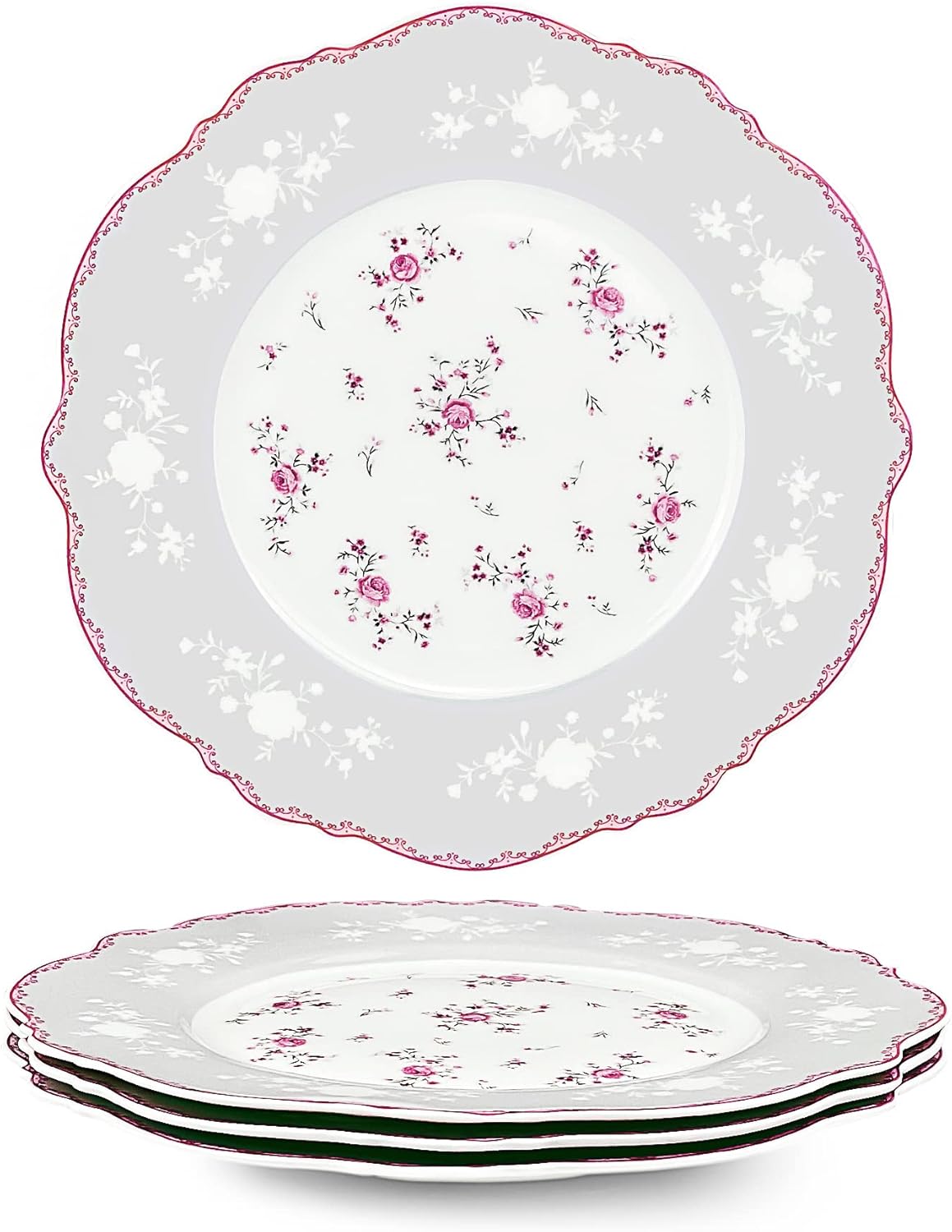 fanquare 8 Inch Porcelain Dessert Plates Set of 4, Lace Serving Bowls Set for Salad, Soup, Pasta, Snack, Pink Roses