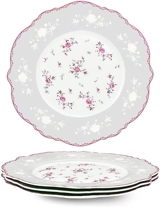 fanquare 8 Inch Porcelain Dessert Plates Set of 4, Lace Serving Bowls Set for Salad, Soup, Pasta, Snack, Pink Roses
