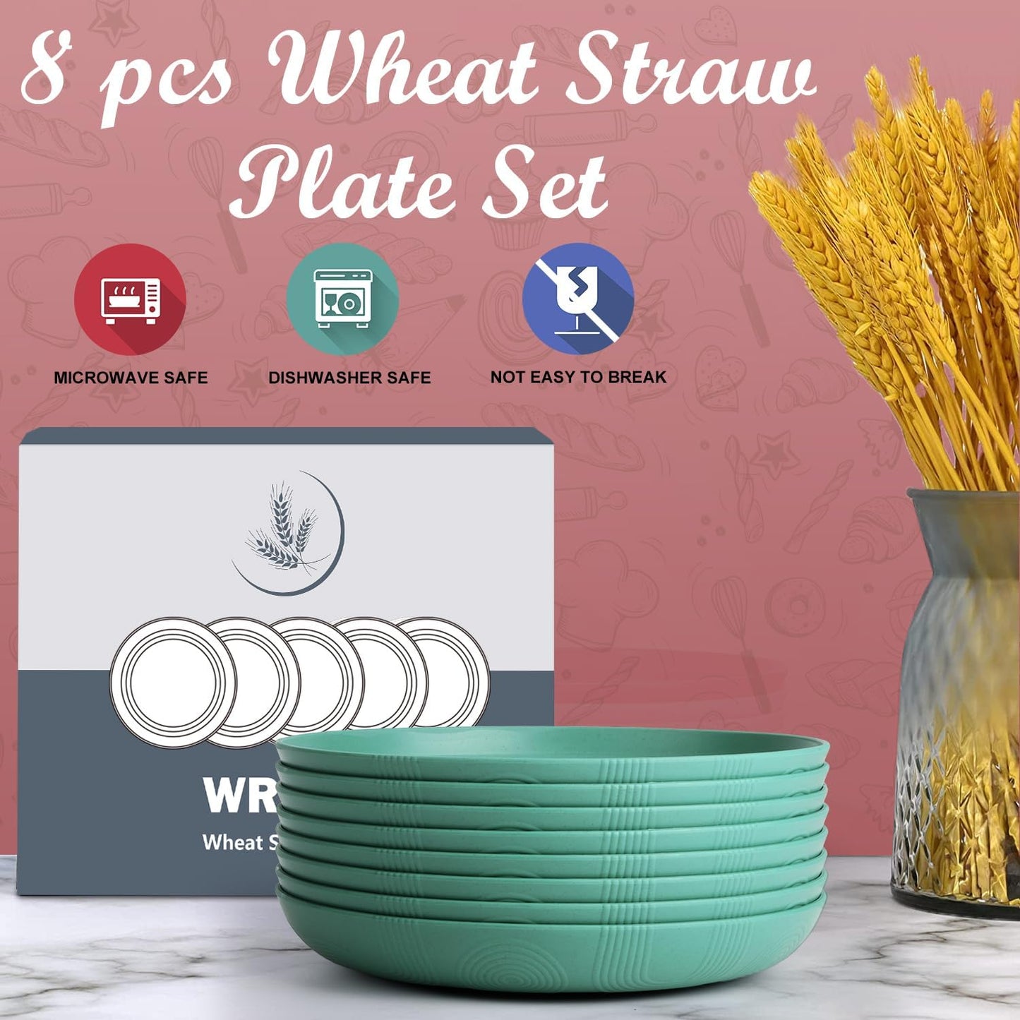 Wrova Wheat Straw Plates - 10 Inch Unbreakable Dinner Plates Set of 8 - Dishwasher & Microwave Safe Plastic Plates Reusable for Indoors and Outdoors (Green)