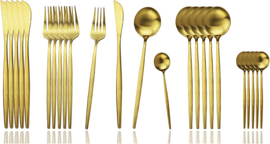 JASHII Silverware Set, 24-Piece Stainless Steel Flatware Set,Kitchen Utensil Set Service for 6,Tableware Cutlery Set for Home, Dishwasher Safe (Matte Gold)