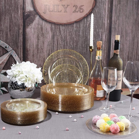 I00000 150PCS Gold Disposable Plates Silverware, Gold Glitter Dinnerware Set Include 25 Dinner Plates 10.25’’, 25 Dessert Plates 7.5’’, 25 cups 10 OZ, 25 Forks, 25 Knives, 25 Spoons for Wedding,Party