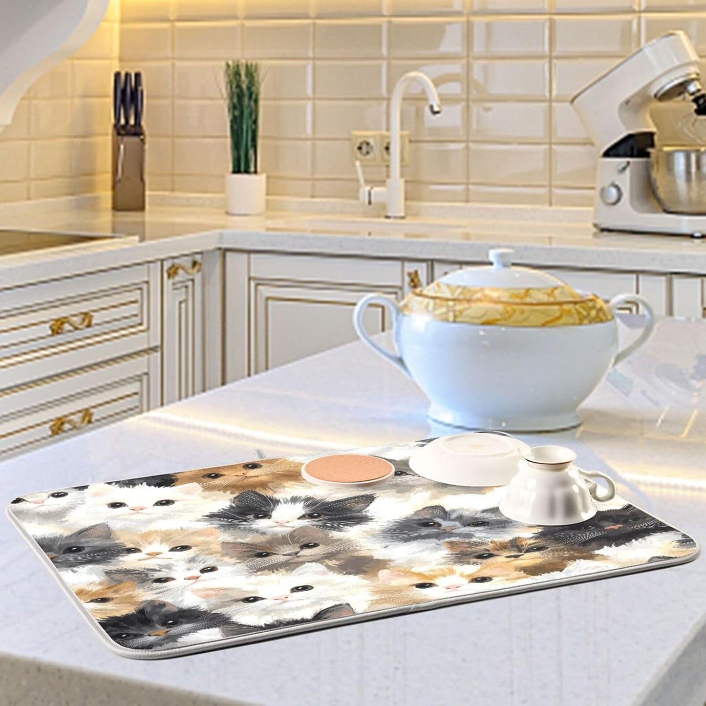Cat Faces Pattern Dish Drying Mat for Kitchen Counter Super Absorbent Dishes Pad Reversible Microfiber Protector Dish Draining Mats 16x18 inch