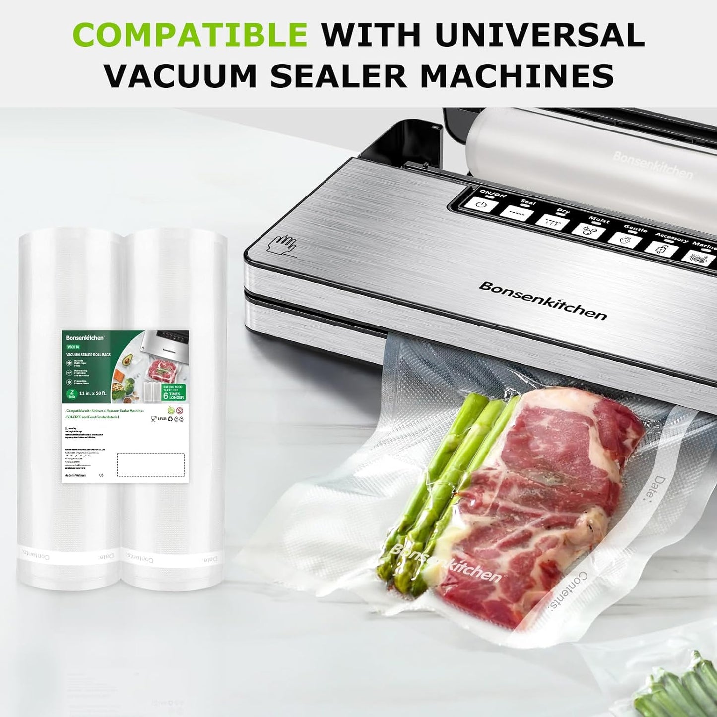 Bonsenkitchen Vacuum Sealer Bags, 11 in x 50 ft Rolls 2 Pack Seal Bags for Food Storage Saver, BPA Free, Commercial Grade Textured Food Roll Bags, Customized Size Bag for Sous Vide Cooking,VB3210