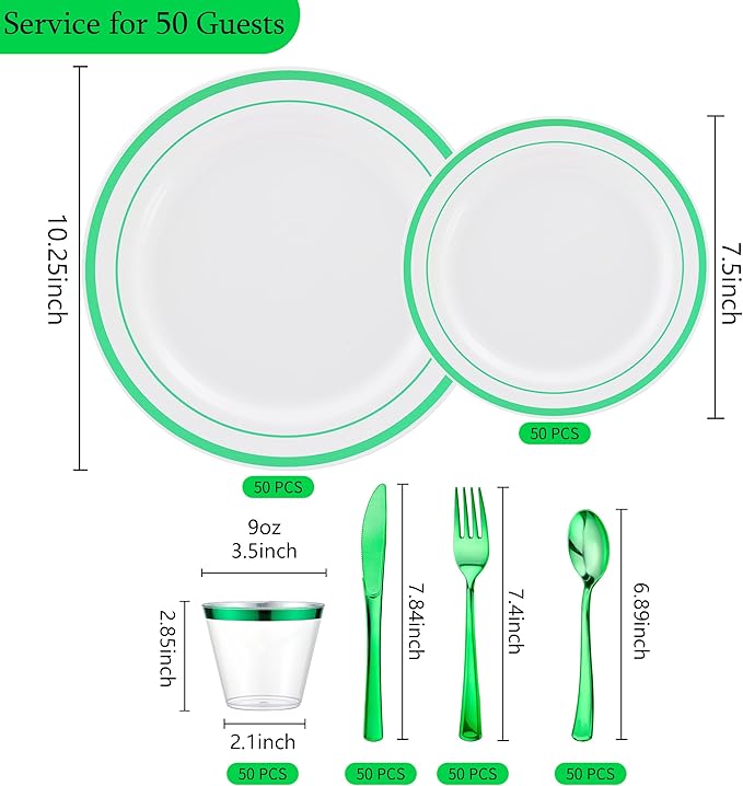 300 PCS Green Plastic Dinnerware Set for 50 Guests,Green Rimmed Heavy Duty Plastic Disposable Plates for Party Wedding-50 Dinner Plates,50 Dessert Plates,50 Silverware Set,50 Cups