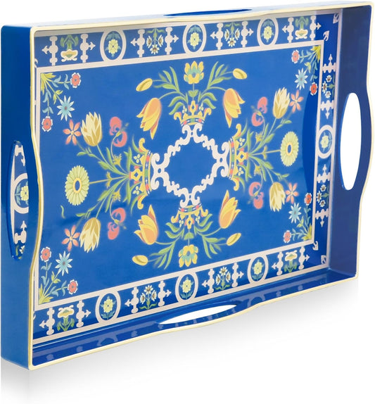 Gifturbo Blue Decorative Tray with Four Handles, Versatile Serving Tray for Coffee Table, Ottoman, Ideal for Serving, Displaying, Organizing,Home Decor