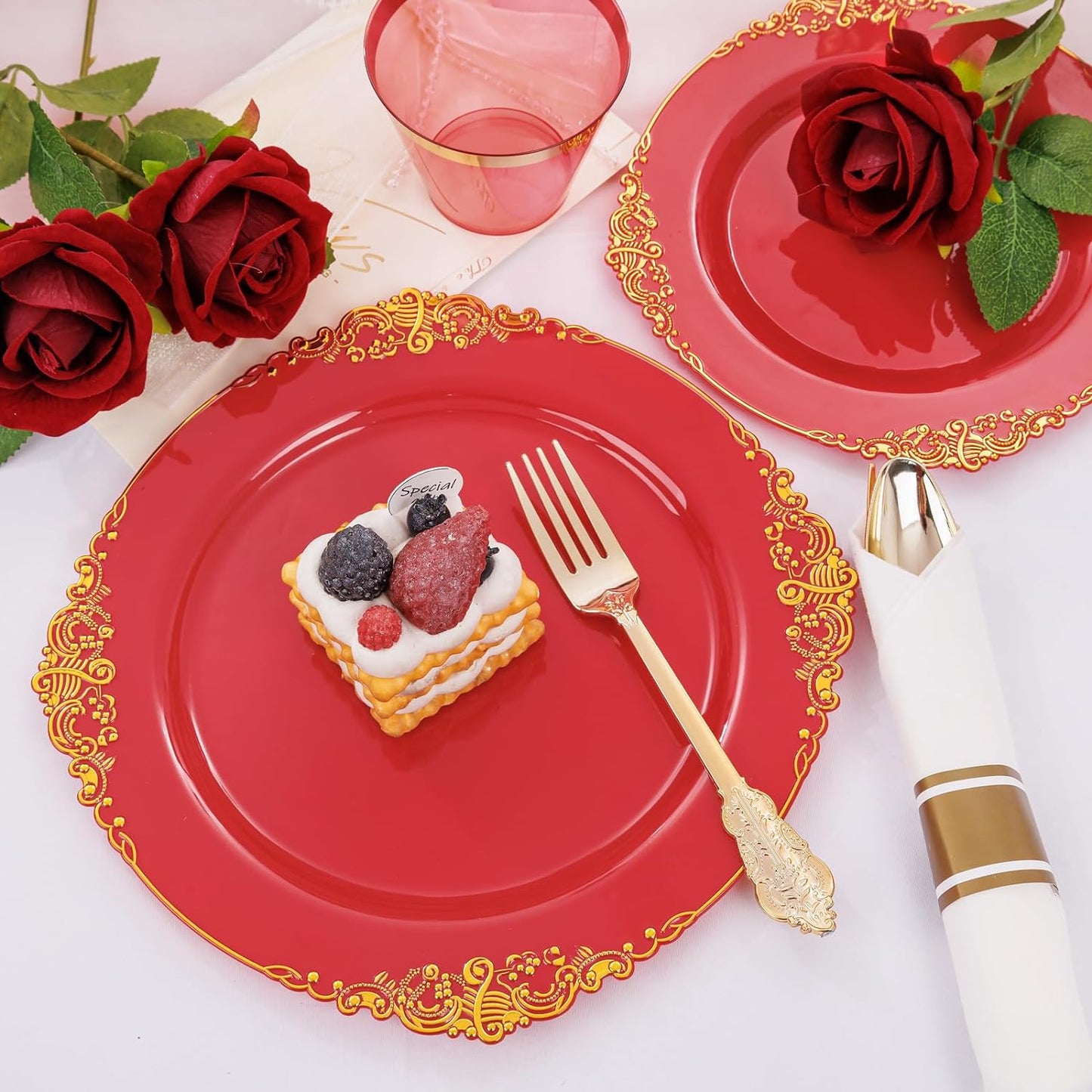 Nervure 175PCS Red Plastic Plates - Disposable Red Gold Party Plates & Pre Rolled Napkins with Cutlery for 25 Guests, 50Plates, 75Silverware, 25Cups, 25Napkin for Wedding & Party & Independence