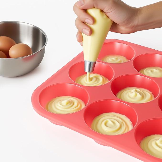 Bangp 12-Cup Silicone Muffin Pan with Metal Reinforced Frame,2 Pack Regular Size Cupcake Pan,Premium Non-Stick Bend Resistance Silicone Molds for Making Muffin,Cakes,Tart,Egg Bites (Red)
