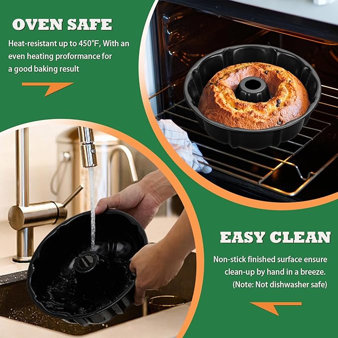 P&P CHEF 10 Inch Black Non-stick Cake Pan, Carbon Steel Fluted Tube Round Baking Pan for Pound Cake, 10-Cup Large Capacity Bakeware, Healthy & Heavy Duty, 1 Piece