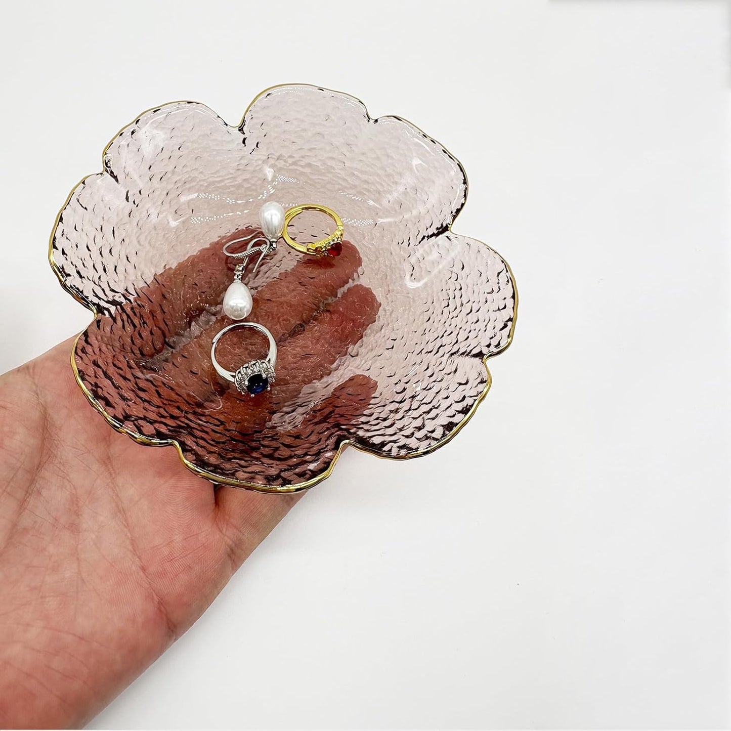 Pink Small Ring Dish, Flower Glass Jewelry Dish Tray, Crystal Jewlery Ring Holder Dish, Vanity Decorative Dish Trinket Tray, Engagement Gift Jewelry Plate for Rings,Earrings, Entryway Key Bowl