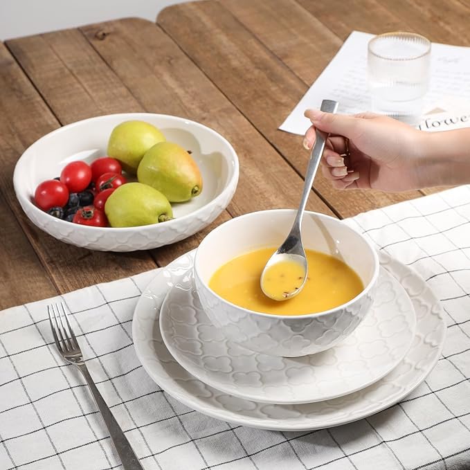Sureasy Ceramic Plates and Bowls Sets, 24 Pieces Dinnerware Sets for 6, Embossed Scratch Resistant Dinner Set, Dishwasher and Microwave Safe, White