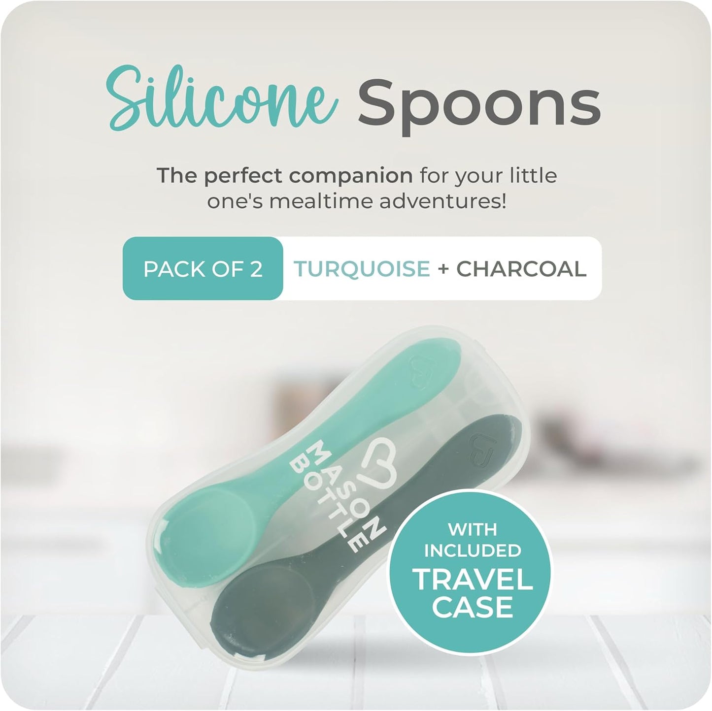 Mason Bottle Silicone Baby Spoons (2-Pack) – BPA-Free Feeding Utensils for Babies 6–12 Months – Puree Spoons with Case, Non-Toxic, Dishwasher Safe (Teal & Grey)
