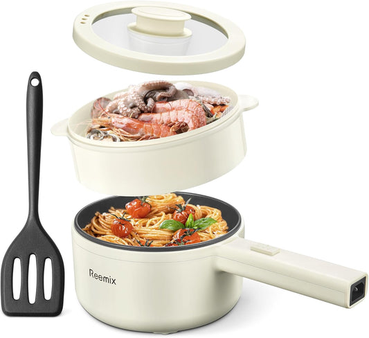 Hot Pot Electric With Steamer, 1.6L Ramen Cooker Non-Stick Sauté Pan for Steak, Egg, Fried Rice, Ramen, Oatmeal, Soup, Portable Personal Perfect Suit Dorm Room and Apartment (White)