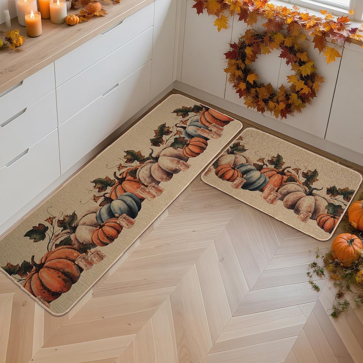 Larponder Fall Pumpkin Kitchen Mats Set of 2, Non-Slip Absorbent Rug and Door Mats, Home Decor Kitchen Floor Rugs for Autumn Harvest Thanksgiving Holiday - 17x24 and 17x48 Inch