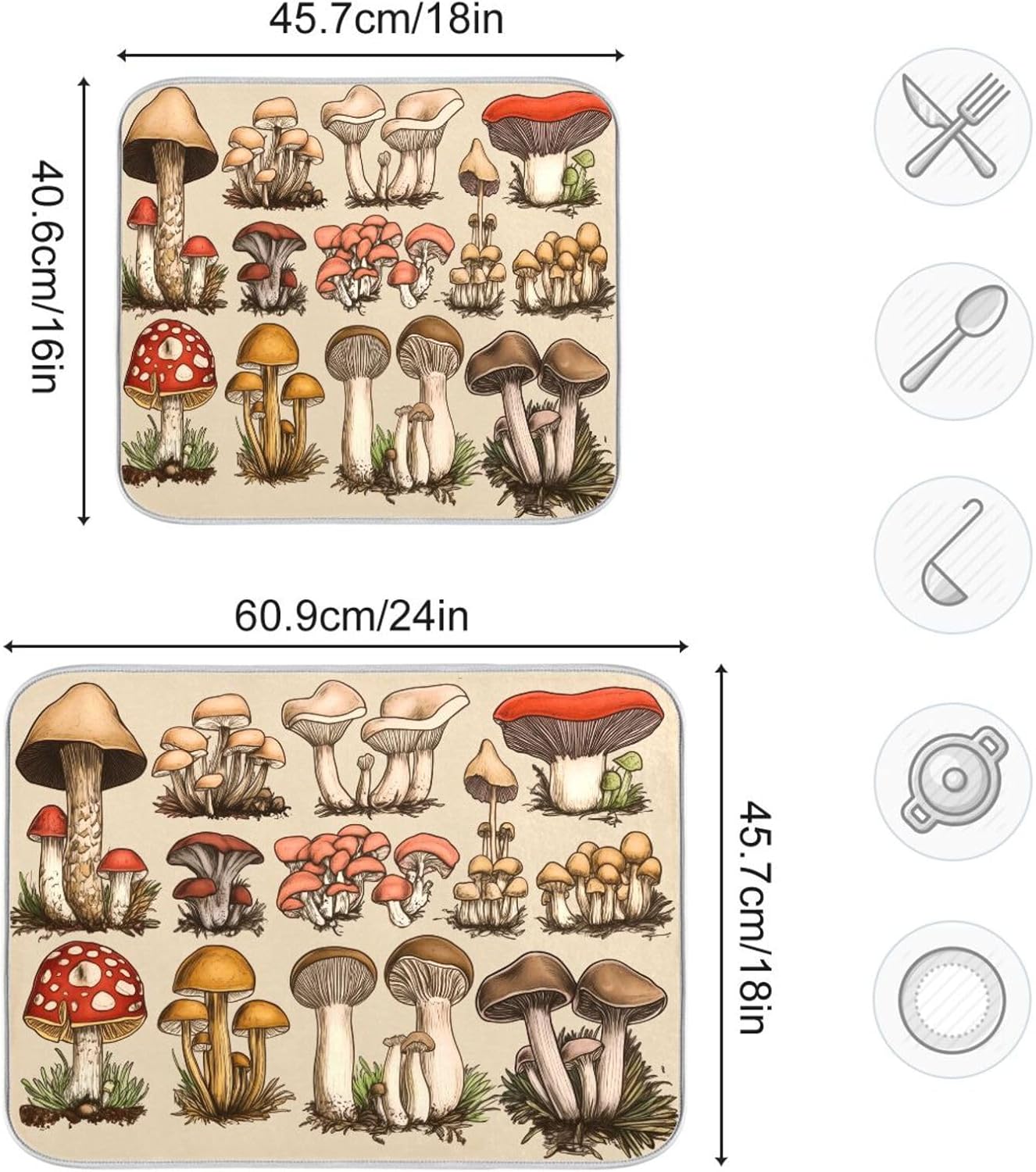 Retro Types and Shapes Mushrooms Dish Drying Mat for Kitchen Counter Super Absorbent Dishes Pad Reversible Microfiber Protector Dish Draining Mats 16x18 inch