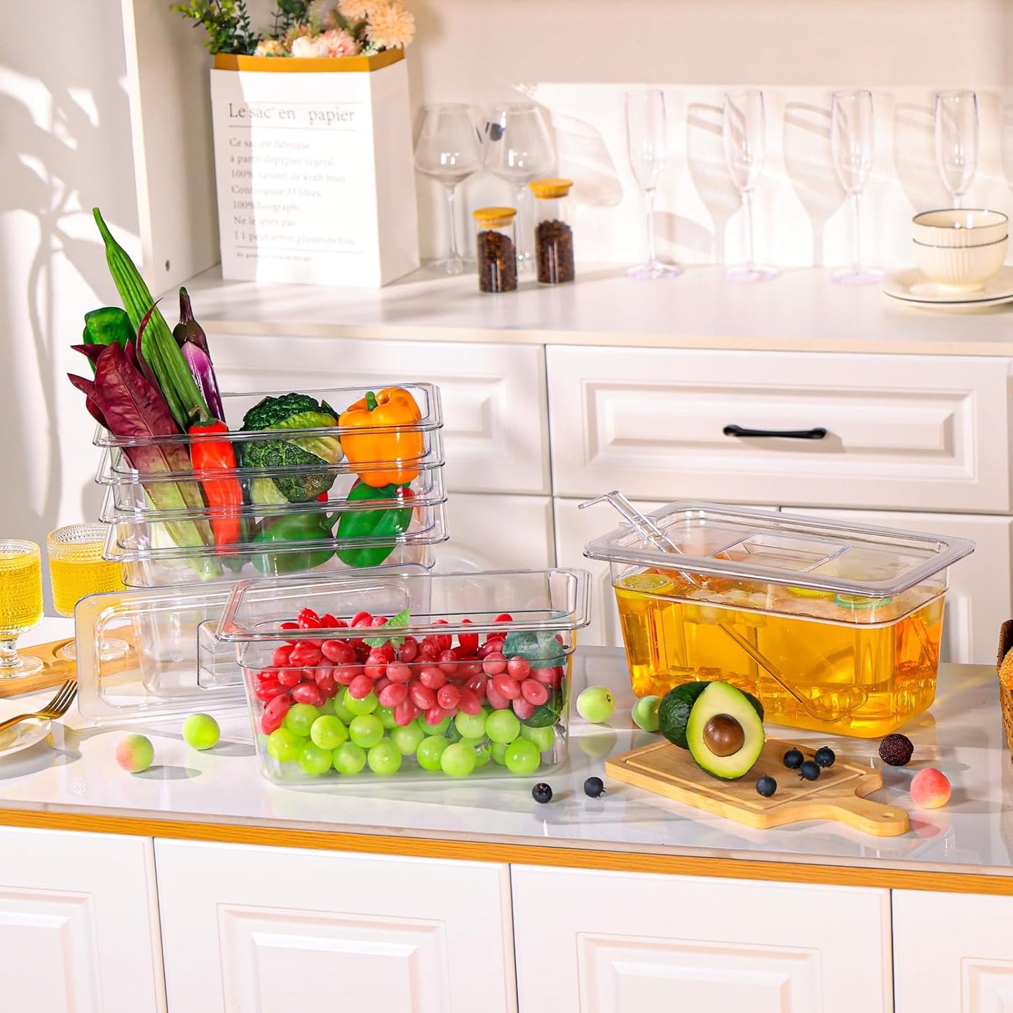 6 Pack Plastic Food Pans with Lids, 1/3 Size 6'' Deep Clear Commercial Stackable Polycarbonate Pans Hotel Food Storage Pan with 1 Pcs Spoon for Fruits Vegetables