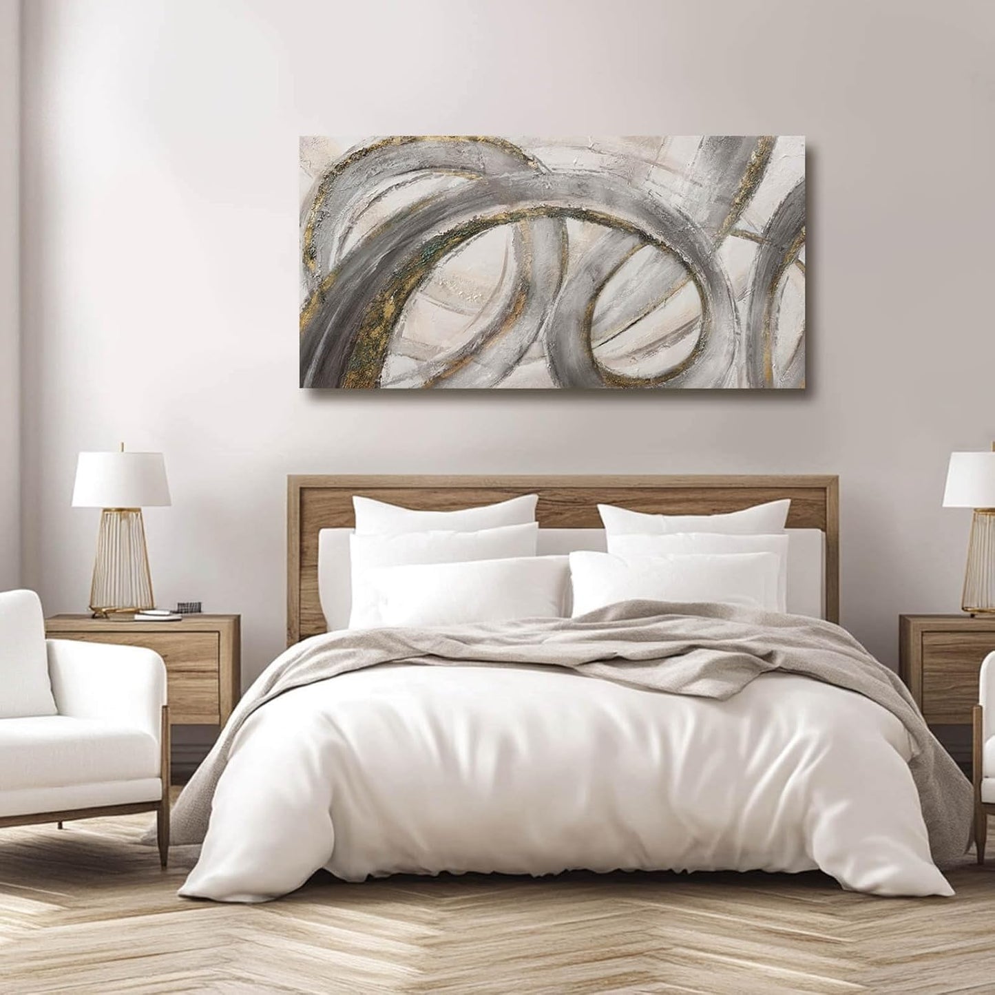 VAYIMDH Grey Modern Artwork Black with Gold Line Abstract Wall Decor Canvas Painting Office Wall Hanging Picture for Living Room 24"x 48" Neutral Wall Art