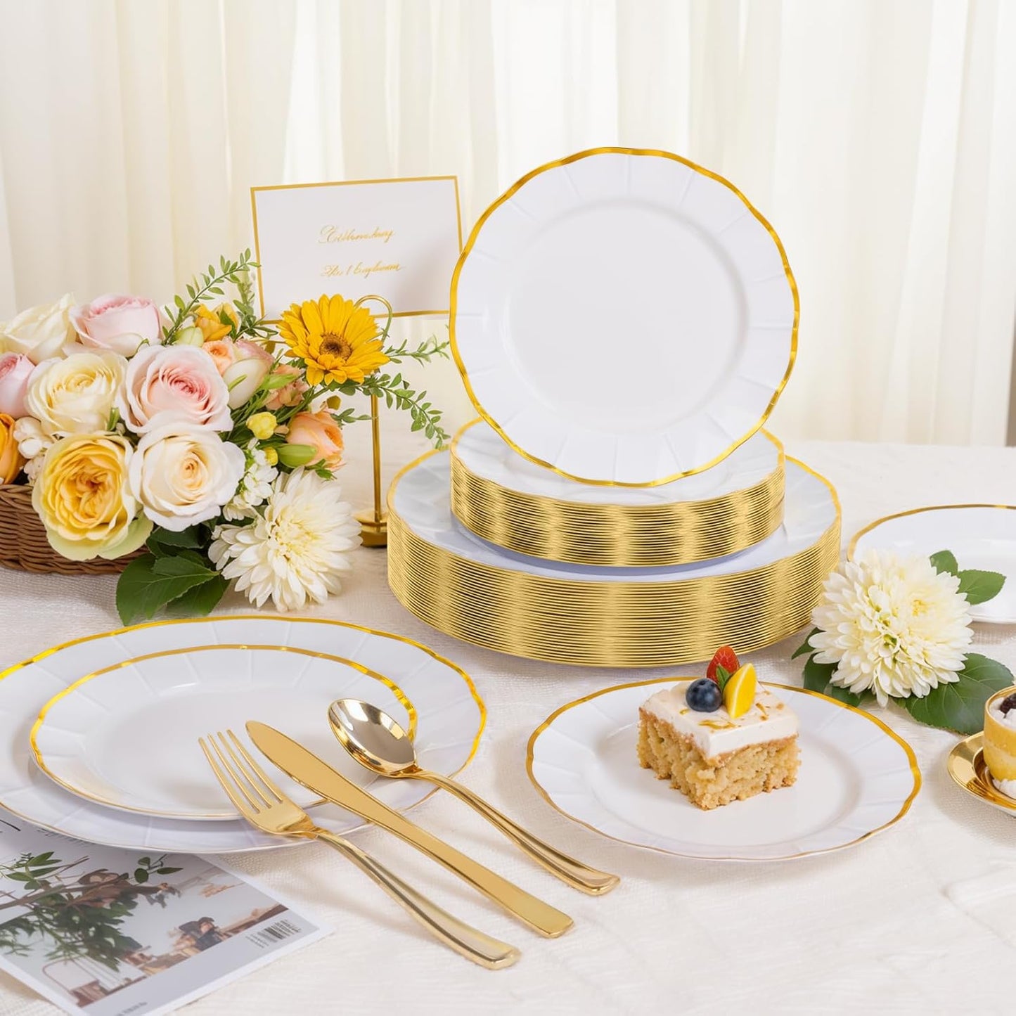 EI 150pcs White Plastic Plates with Gold Plastic Silverware,Disposable Plate Heavy Duty,White Dinnerware Set,Elegant Plates for Party,Wedding,Afternoon Tea,Birthday