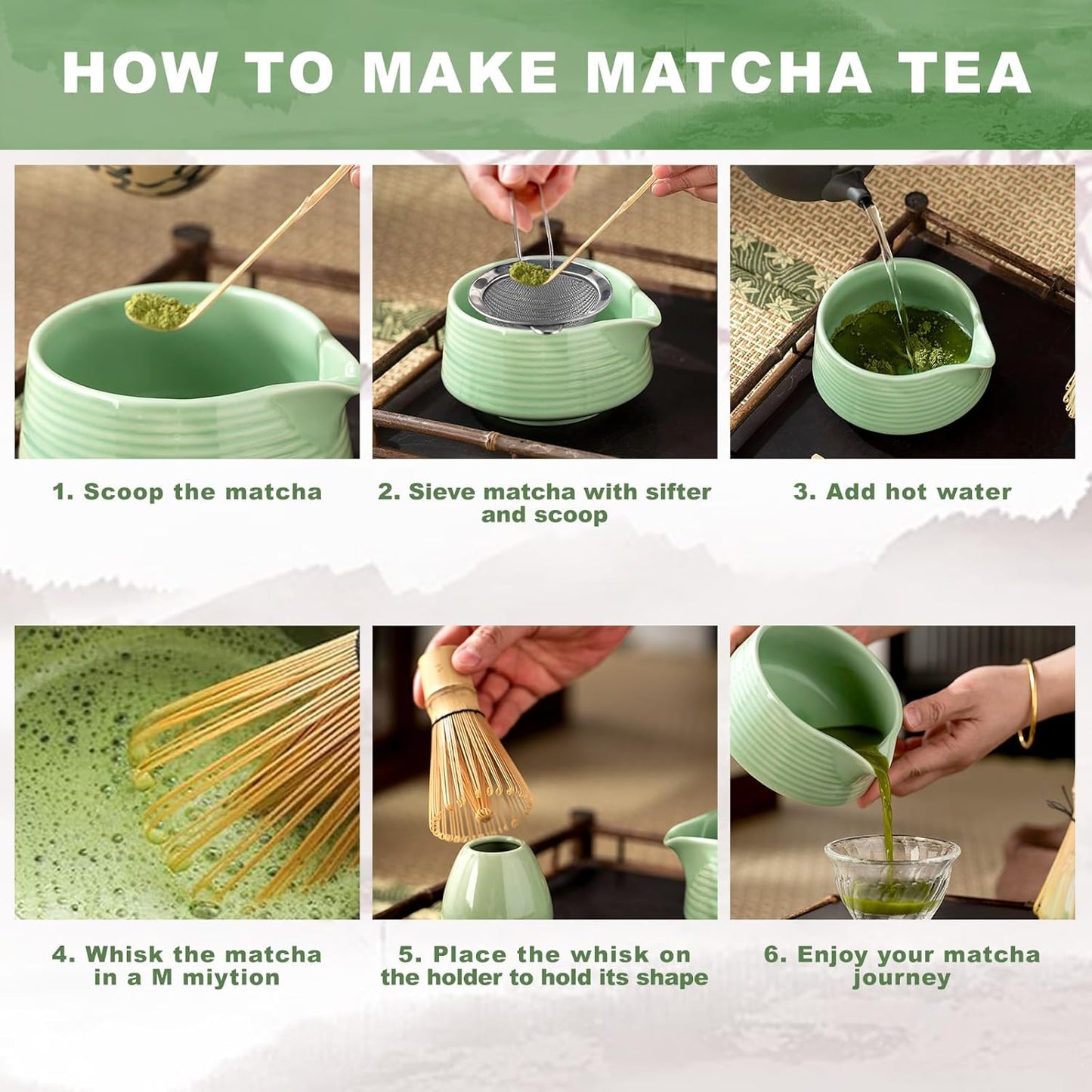 Matcha Whisk Set,(8Pcs) Includes Ceramic Matcha Bowl, Whisk, Holder, Scoop and Spoon, Rest, Sifter, Tea Towel,Traditional Tea Ceremony Set Gift(Green)