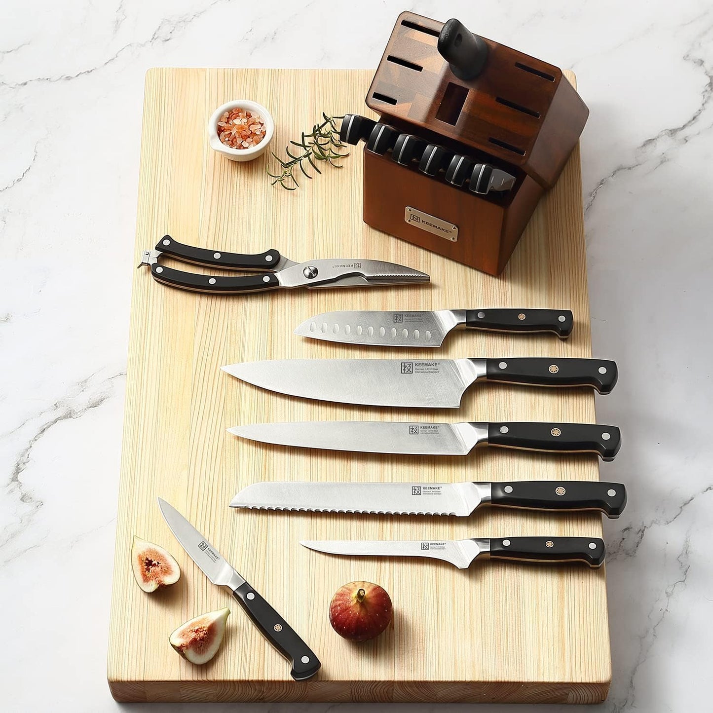 KEEMAKE Knife Block Set, 15Pcs High Carbon Stainless Steel Kitchen Knife Set with Block, Ultra Sharp Knives Set for Kitchen with Knife Sharpener Kitchen Scissors, Forged Chef Knife Set