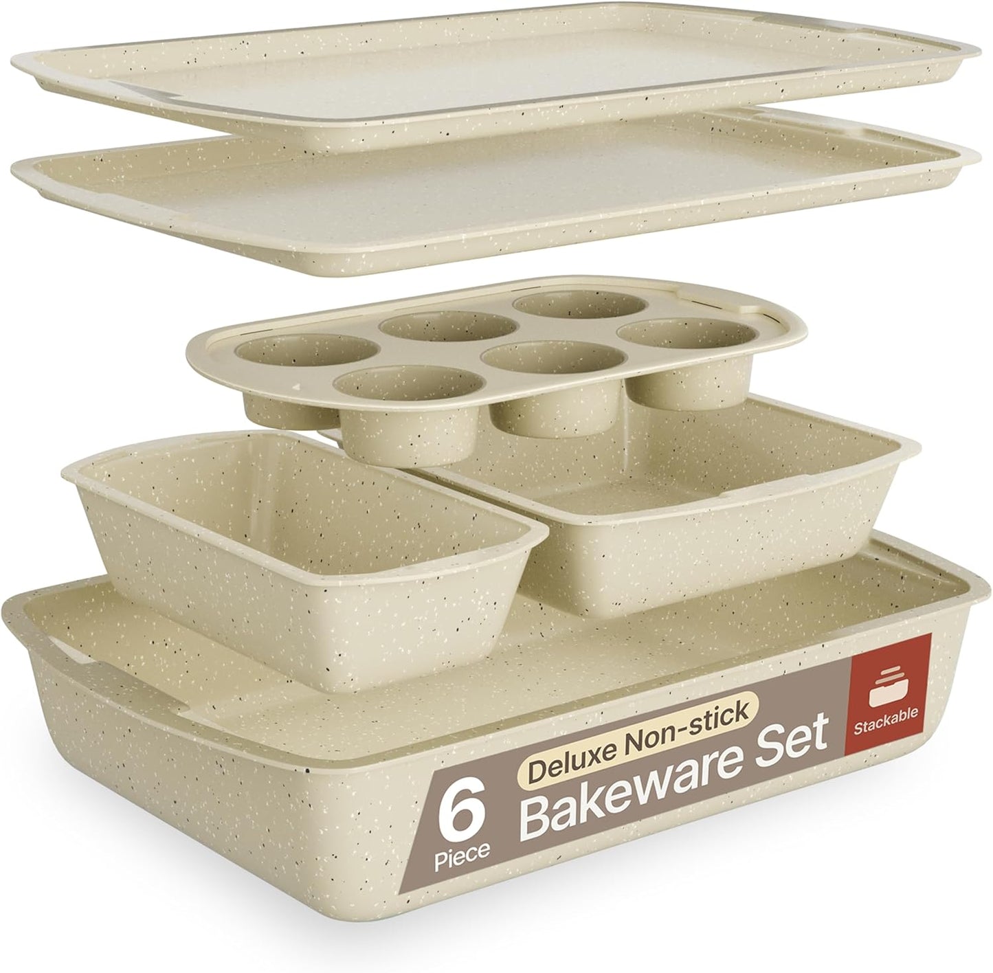 Bakken Swiss - Bakeware Set – 6 Piece – Stackable, Deluxe, Non-Stick Baking Pans for Professional and Home Cooking – Carbon Steel, White Stone Coating