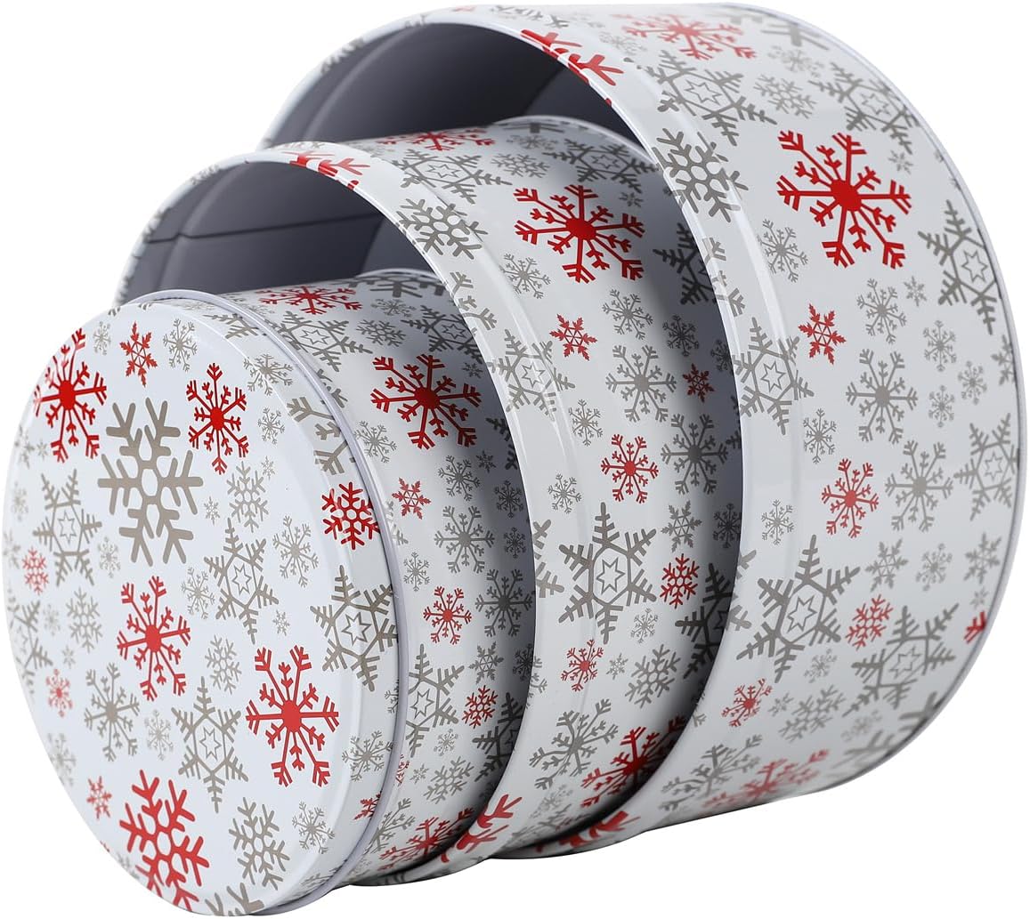 Cookie Tins Round Storage Tins for Christmas Gift Giving, Extra Thick Metal - Large, Medium and Small Sizes (6)