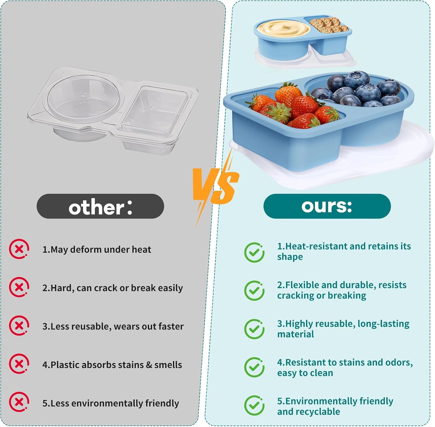 3 Pack Reusable Silicone Snack Containers with Semi-Transparent Lids, Small Leak-Proof 2 Compartment Condiment Container for Sauce, Fruit, Portable Food Storage Box for Office, Travel, Outdoors