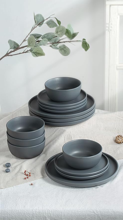 Famiware Dawn Plates and Bowls Sets, 12 Pieces Stoneware Dinnerware Sets, Dishes Set for 4, Microwave and Dishwasher Safe, Charcoal