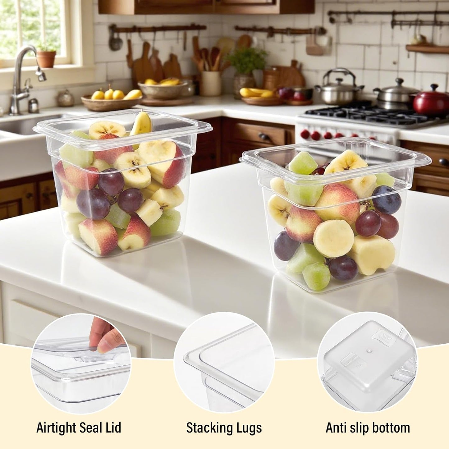 4 Pack Plastic Food Pans with Lids,1/6Size 6 Inch Stackable Restaurant Clear Food Storage Containers,Polycarbonate Commercial Hotel Pans for Fruits Vegetables Beans Corns(4Pack 6" Deep)