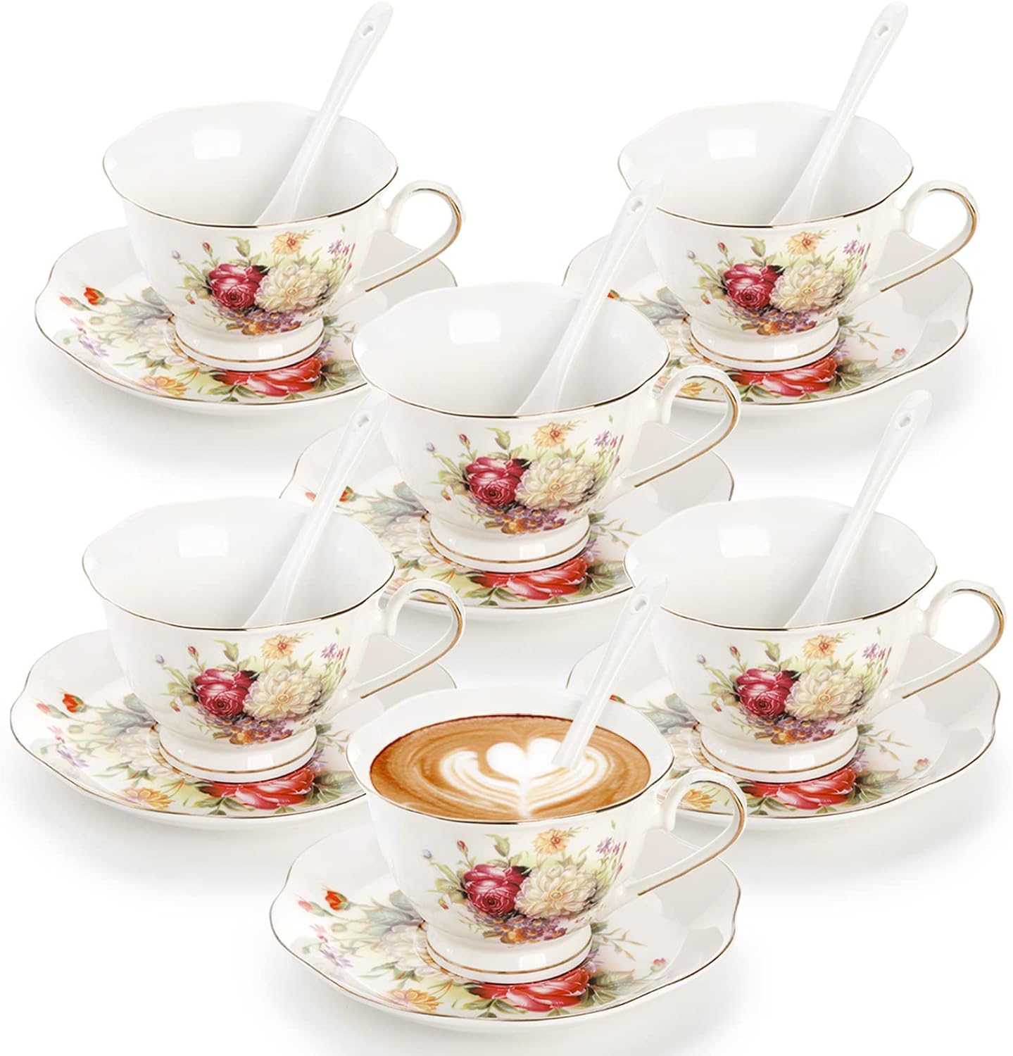 Foraineam Floral Tea Cup with Saucers and Spoons Set of 6 - Coffee Cups and Saucers with Gold Trim - 6 oz Porcelain Ivory Latte Cup and Espresso Mug for Coffee Drinks and Tea
