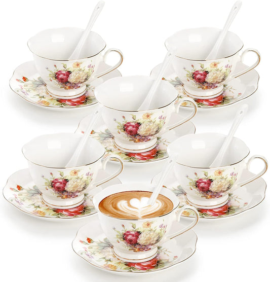 Foraineam Floral Tea Cup with Saucers and Spoons Set of 6 - Coffee Cups and Saucers with Gold Trim - 6 oz Porcelain Ivory Latte Cup and Espresso Mug for Coffee Drinks and Tea
