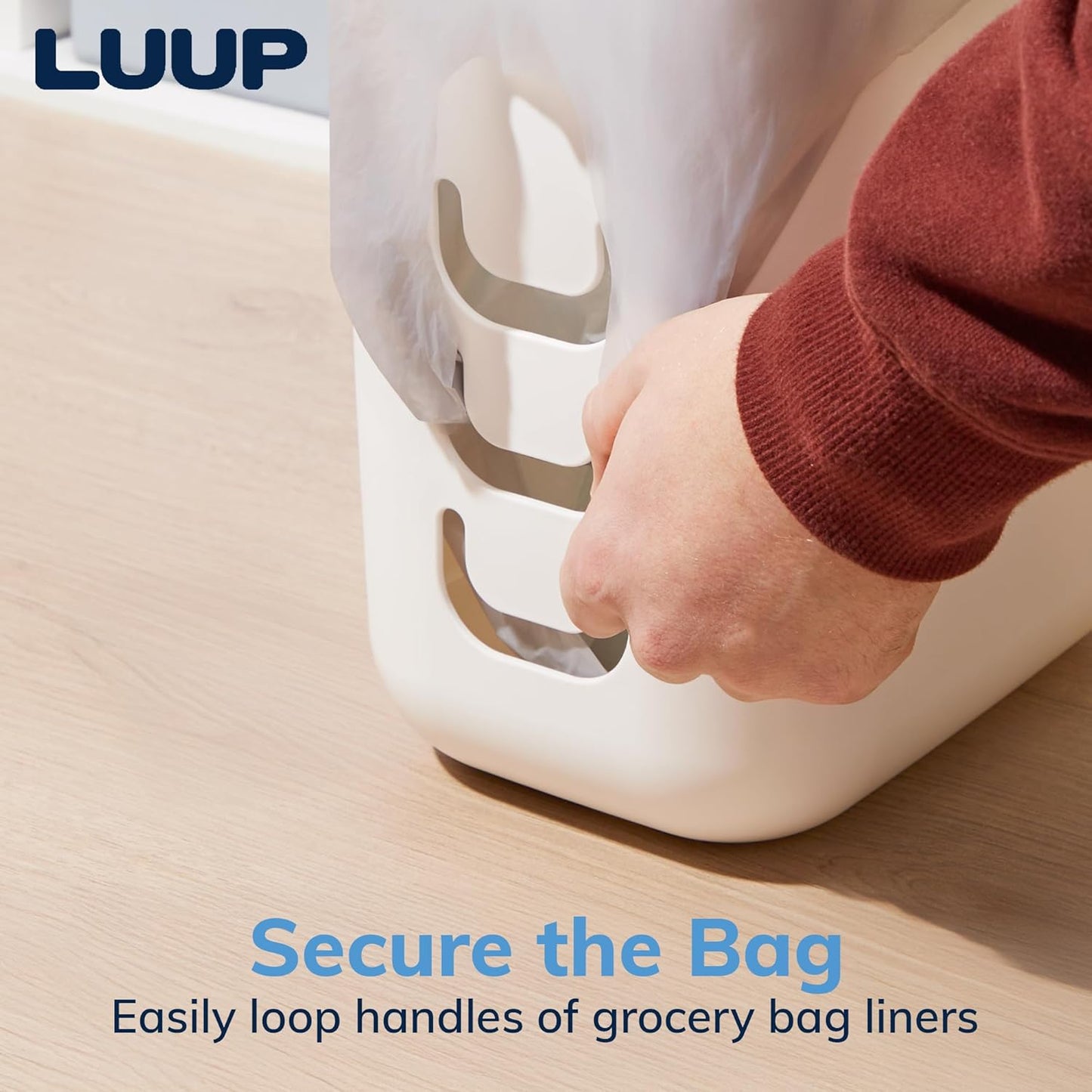 STORi Luup Bathroom Wastebasket 2pk, Secure Grocery Bags, Plastic Garbage Container for Vanity, Laundry Room, Kitchen, Office, 2.5 Gallon, White, Made in USA