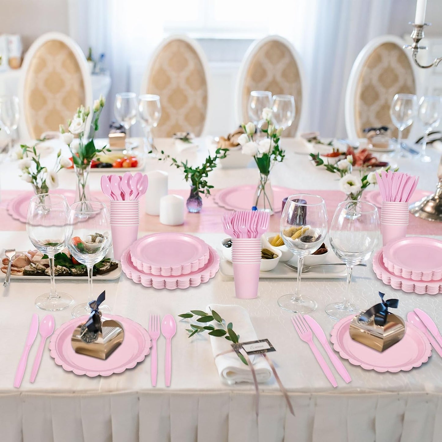 350 Pcs Pink Paper Plates and Napkins, Light Pink Party Supplies Include Scalloped Plates Napkins Cups Plastic Spoons Forks Knives for Baby Bridal Shower, Wedding, Birthday