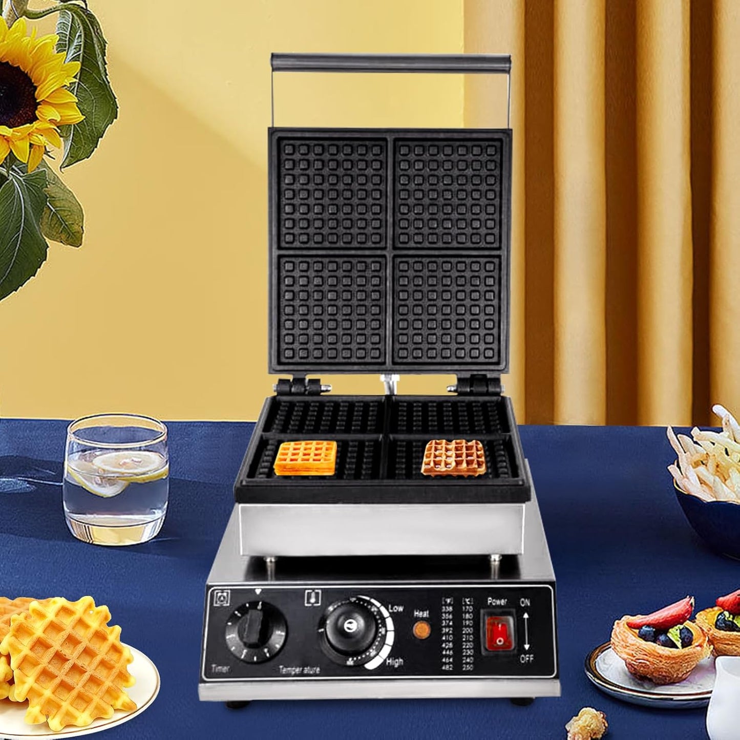 4 Grids Belgian Waffle Pancake Maker,Non-stick Pancake Baker Machin with Dual Heating Pans,110v Waffle Pancake Maker for Commercial,Pancake Maker with Adjustable Thermostats Timers 50-300℃