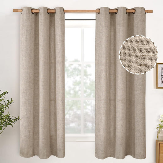 YoungsTex 63 Inch Long Linen Curtains for Living Room, Oatmeal Semi Sheer Drapes Light Filtering with Bronze Grommet for Bedroom Office Lightweight, 2 Panels, 42 X 63 Inch