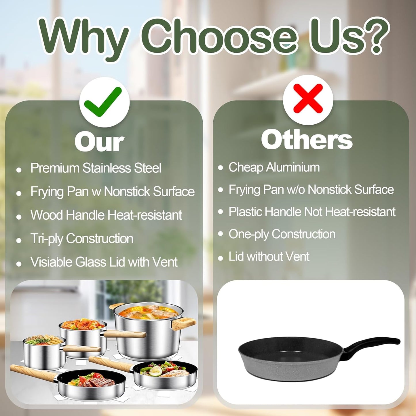 Stainless Steel Cookware Set 13PCS, Pots and Pans Set, Induction Cookware, Kitchen Cooking Set, Heavy Duty, Tri-Ply Base, Dishwasher Safe