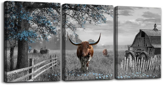 Yiijeah Large Brown Cow Wall Art - Blue Tree Pictures Farmhouse Wall Decor for Living Room & Master Bedroom - 16x24 Inches