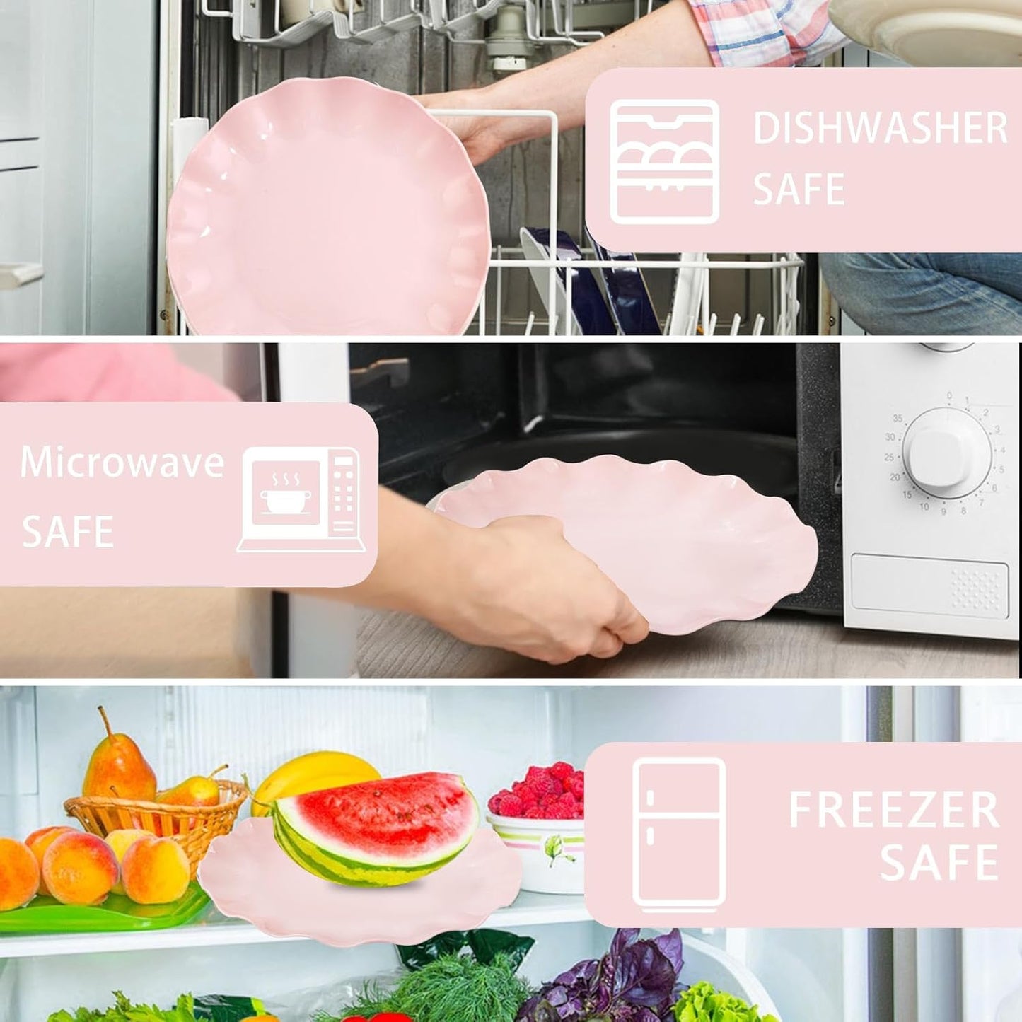 LIYH 24 Pcs Pink Plates Reusable, Pink Plastic Scalloped Plate Durable and Dishwasher Safe,Baby Shower Plate, Light Weight Daisy Plastic Wavy Plates for Wedding Party Birthday