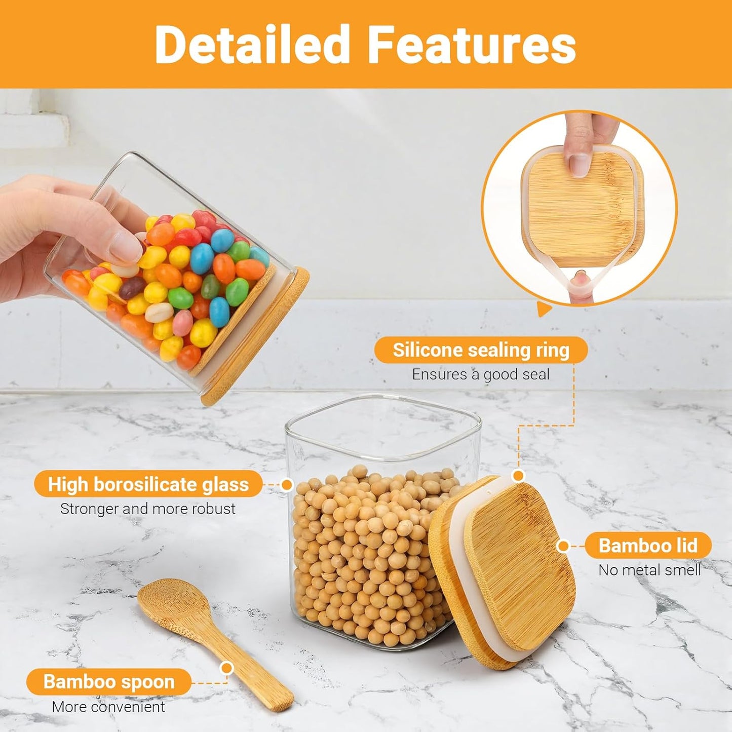 Glass Jars with Bamboo Lids, 15 Fl.oz Glass Storage Jars with Airtight Lids Set of 4, Clear Pantry Containers for Spice, Sugar, Coffee, Tea, Nuts, Beans - Included Labels, Marker and Spoon