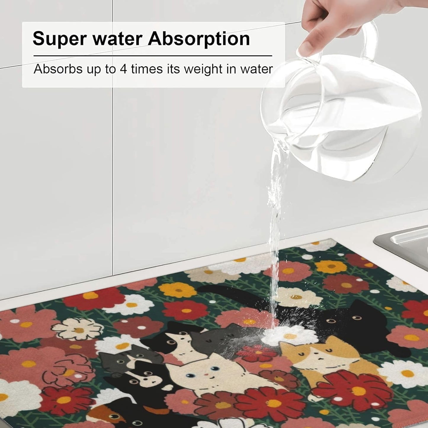 Cute Cat Flowers Dish Drying Mat 18x24 Inch, Microfiber Absorbent Fast Dry Mat Colorful Floral Large Dish Mat Drying Kitchen Mat, Kitchen Drying Pad for Kitchen Counter Coffee Bar Decor Gifts