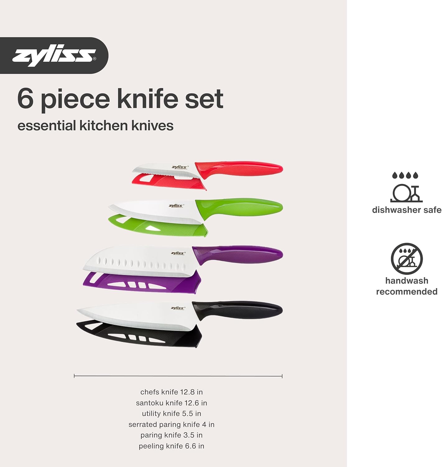 Zyliss 6 Piece Knife Value Set - Kitchen Knife Set with Sheath Covers - Chef's, Santoku, Utility, Serrated Paring, Paring & Peeling Knives - Stainless Steel