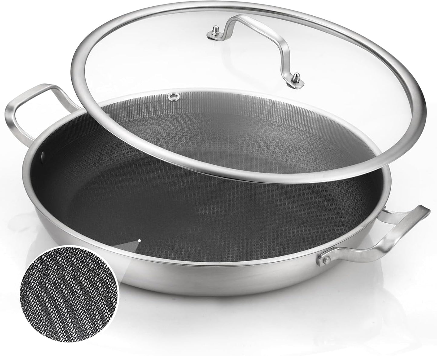 DELARLO Paella Pan 14 Inch Tri-Ply Stainless Steel Paella Pan with Lid Nonstick Frying Pan, Hybird Induction Large Skillets,Great for Paella Parties Indoors Outdoors,Heavy Duty Style