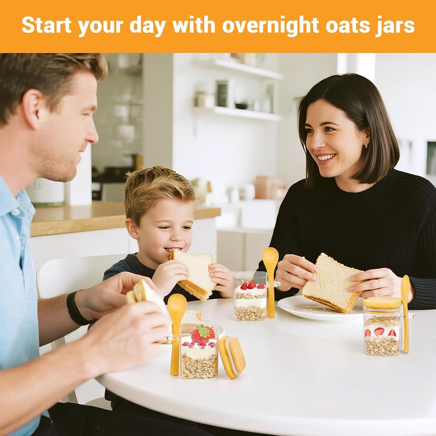 Glass Jars with Bamboo Lids and Spoons - 2 Pack 6 Fl.oz Square Glass Spice Jars with Lid, Kitchen Canisters for Countertop, Stackable Small Pantry Container for Jam, Tea, Coffee and Sugar