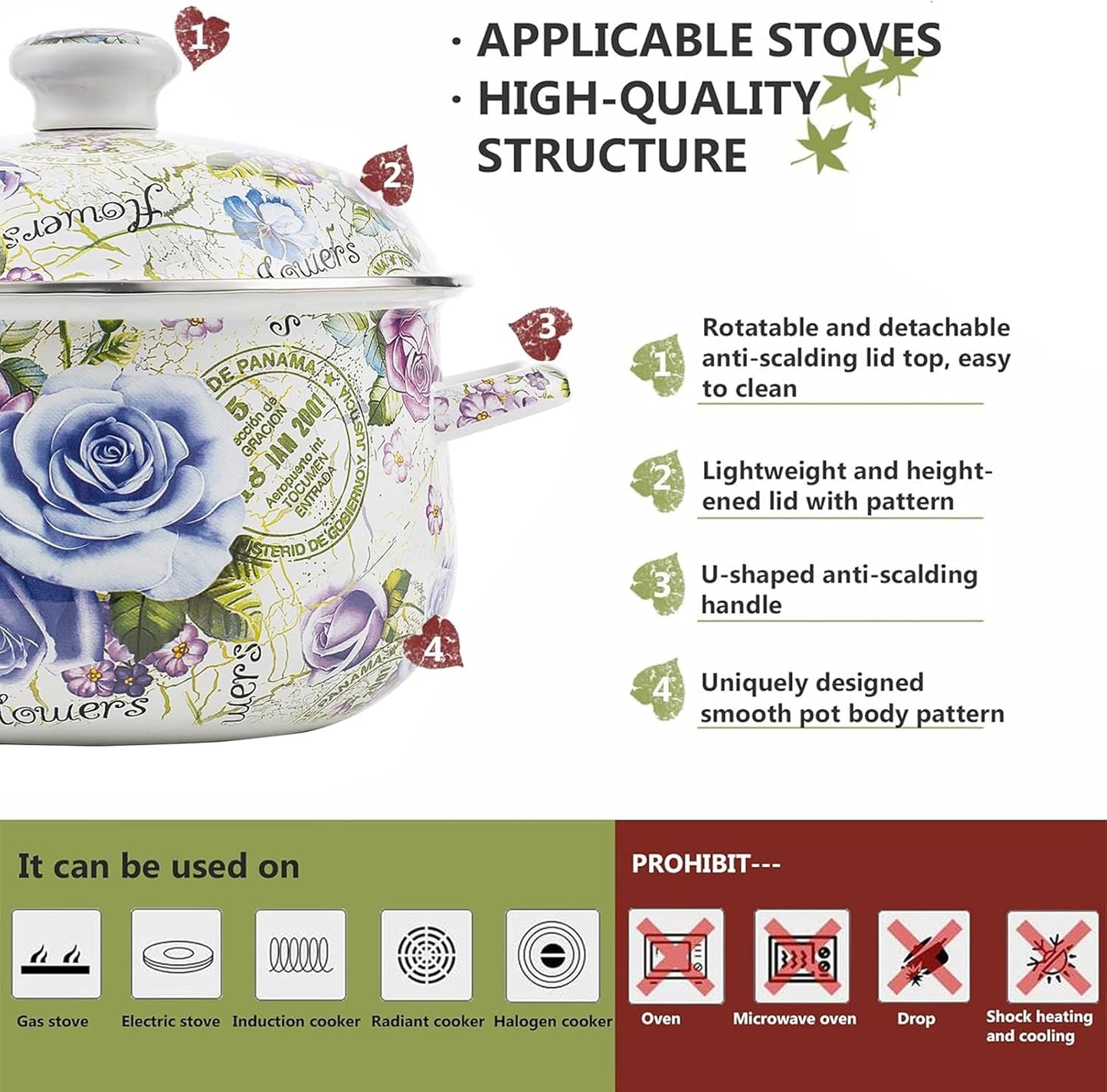 Enamel Stockpot with Lid, 2.5 Quart Retro Cooking Pot, Vintage Floral Stew Bean Simmer Pot with Handle, Kitchen Soup Pot